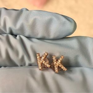 Monooc, Handmade with Love Gold Plated Initial “K” w/Clear Rhinestones Earrings.
